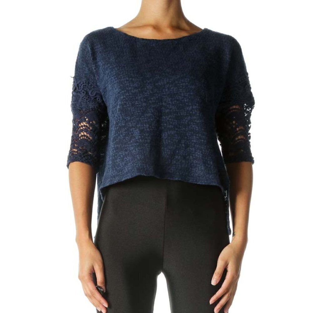 azel hazel hazel haze (anthropologie) Navy Crocheted Sleeve High Low Knit Top